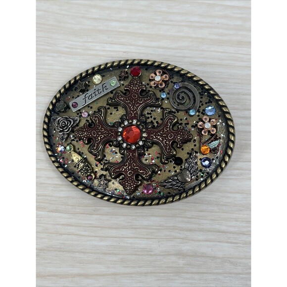 Womens Western Colorful Belt Buckle Faith Flowers Bling Star Heart Bronze Color - Picture 3 of 6